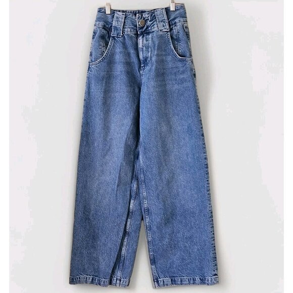 Zara Jeans Womens 4 Blue Wide Leg Cotton Coastal Boho Hippie Streetwear Preppy - Picture 1 of 16